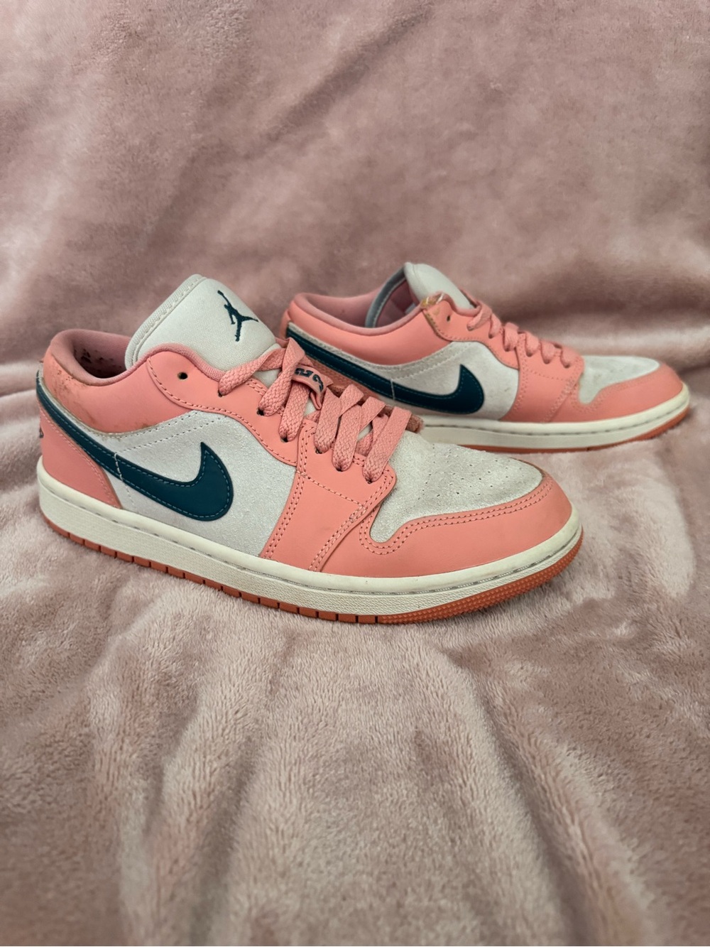 Air Jordan Low Top Sneakers in Pink and Cream, Teal Swoosh - Picture 4 of 8